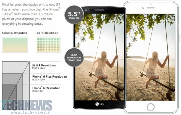 LG در وب‌سایت خود، رزولوشن صفحه‌نمایش iPhone 6 Plus را با G4 مقایسه می‌کند!
