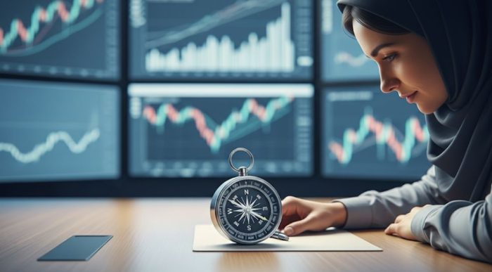 تصویر یک خانم که به یک ساعت و یک کاغذ بر روی میز نگاه می کند.