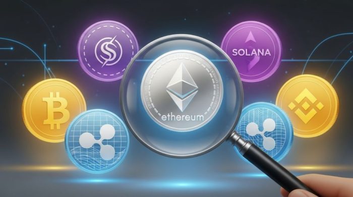 تصویر یک ذره بین که بر روی یک ارز دیجیتال گرفته شده است.