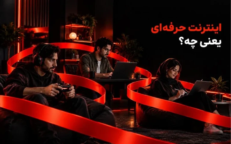 تصویر سه کاربر حرفهای شامل گیمر، برنامهنویس و فریلنسر با المان قرمز اتصال اینترنت